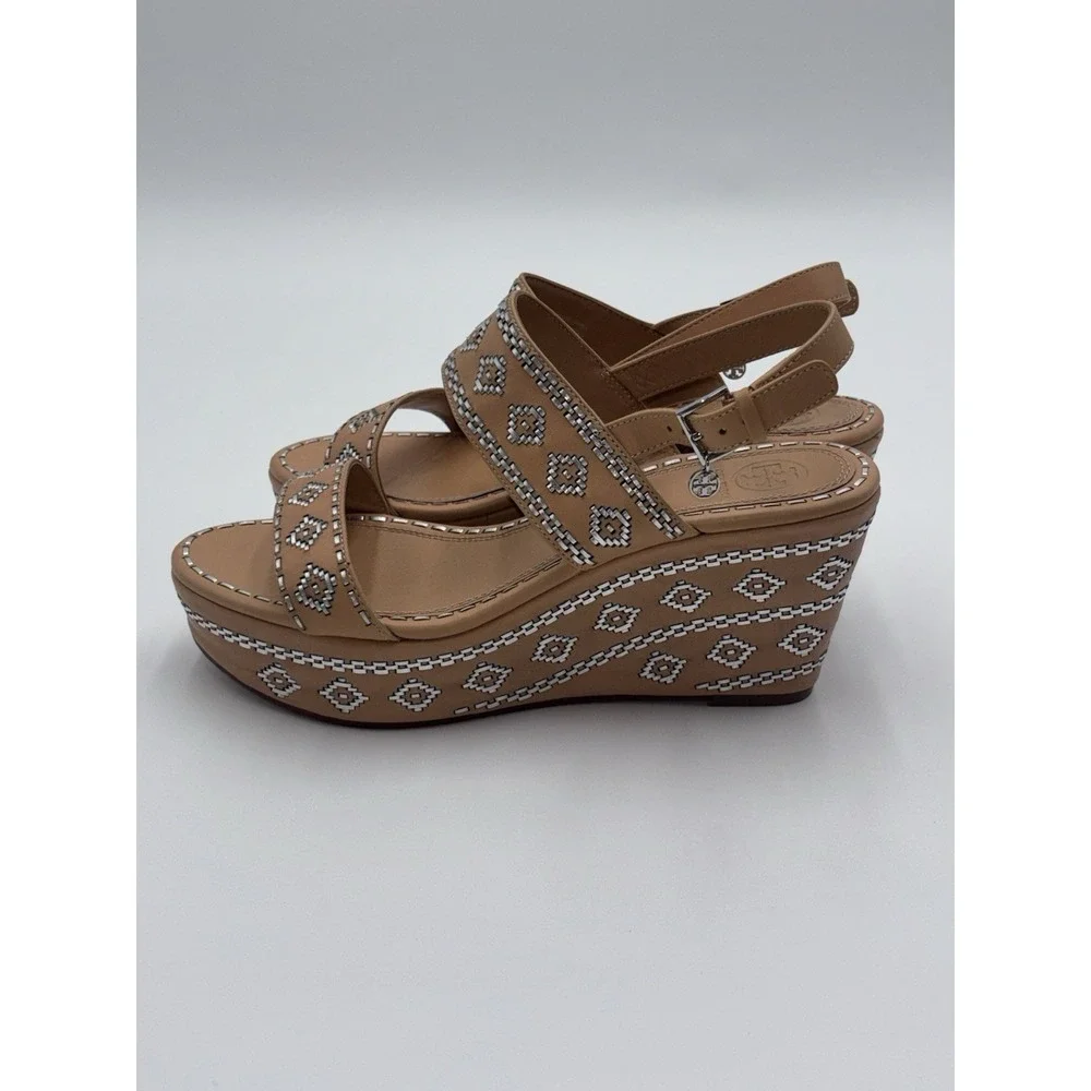 Tory Burch Reena Wedge‎ Sandals Womens 9.5M Tan Leather Embroidered Platform